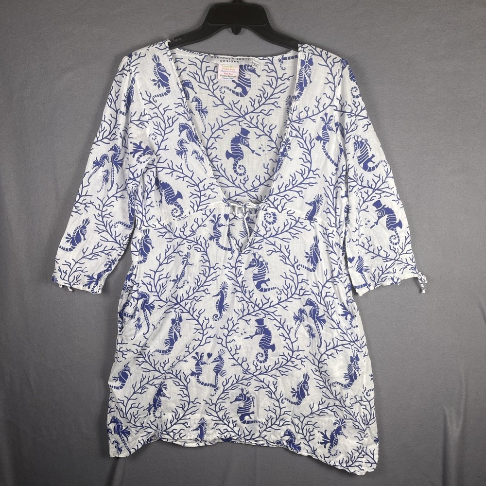 Gretchen Scott Blouse Coastal Beach Coverup Seahorses Blue Comfy Women's S - Picture 2 of 6